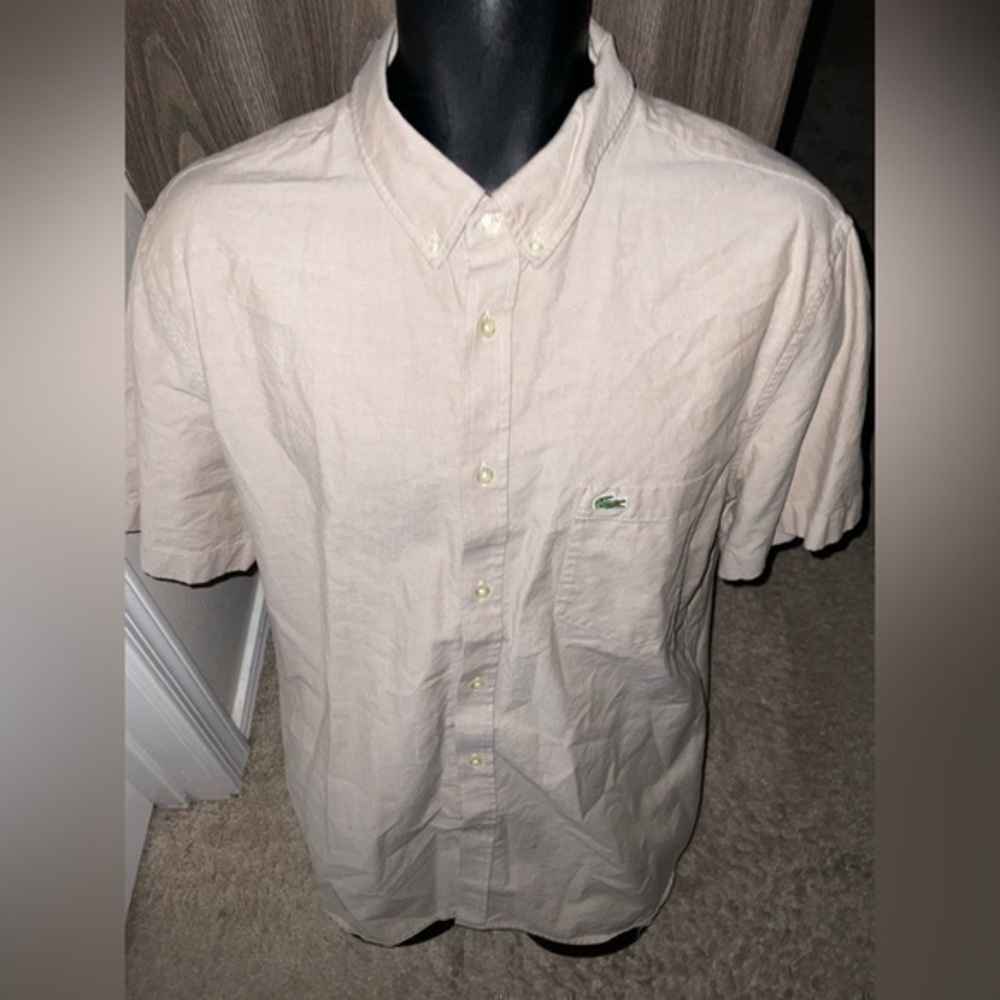 Men’s used size XL beige button front short sleeve shirt Lacoste